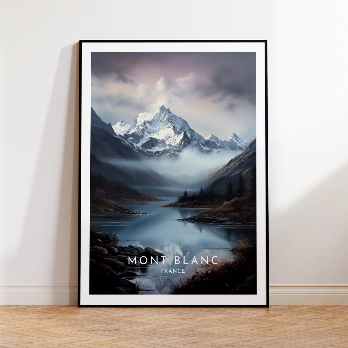 Mont Blanc France Snowy Peak Lake Reflection Mist Travel Poster