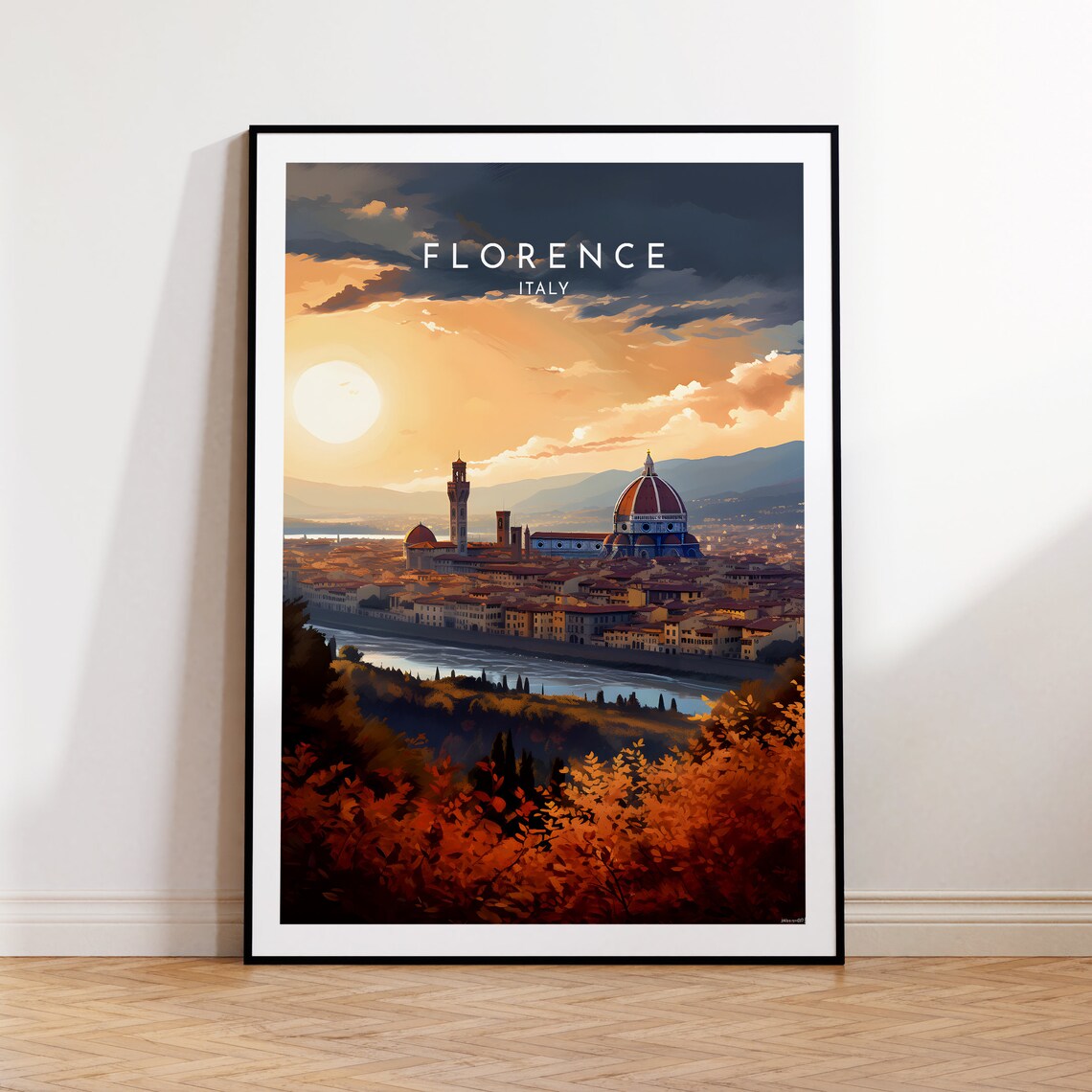 Florence Italy Duomo Sunset Cityscape Arno River Travel Poster