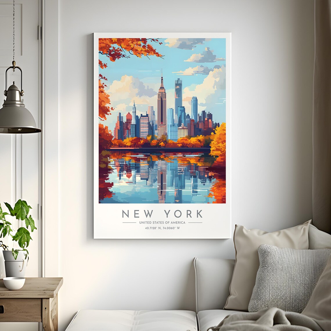 New York Autumn Skyline Fall Foliage Mirror Lake Reflection Poster - Image 2