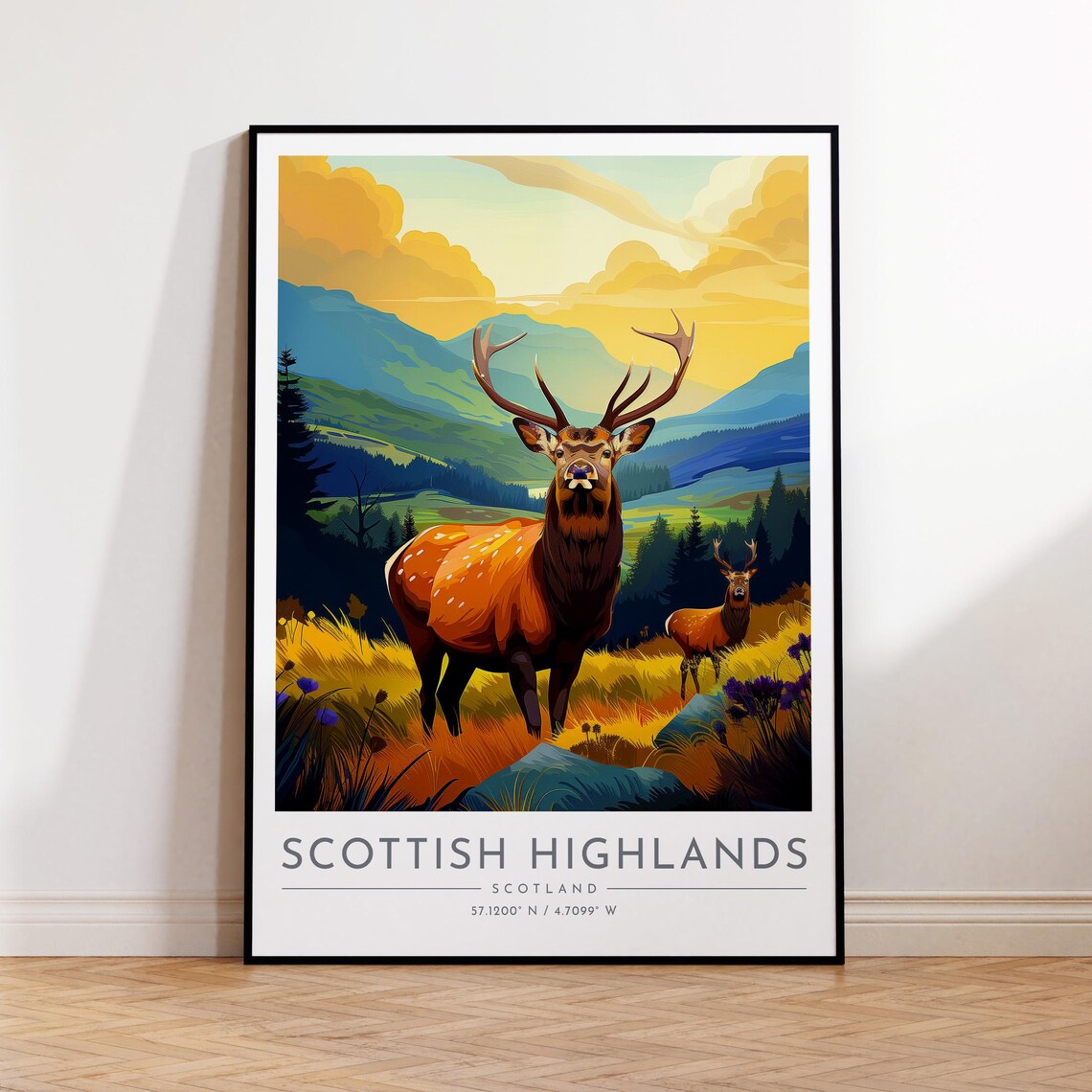 Scottish Highlands Red Deer Stag Wildlife Mountain Valley Print
