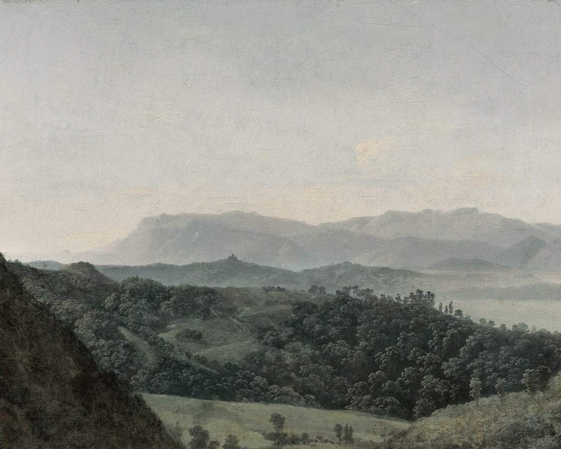Neutral Green Wall Art Vintage Oil Painting Landscape Art Print Antique Mountain Valley Painting Cool Tone Landscape Painting - Image 2