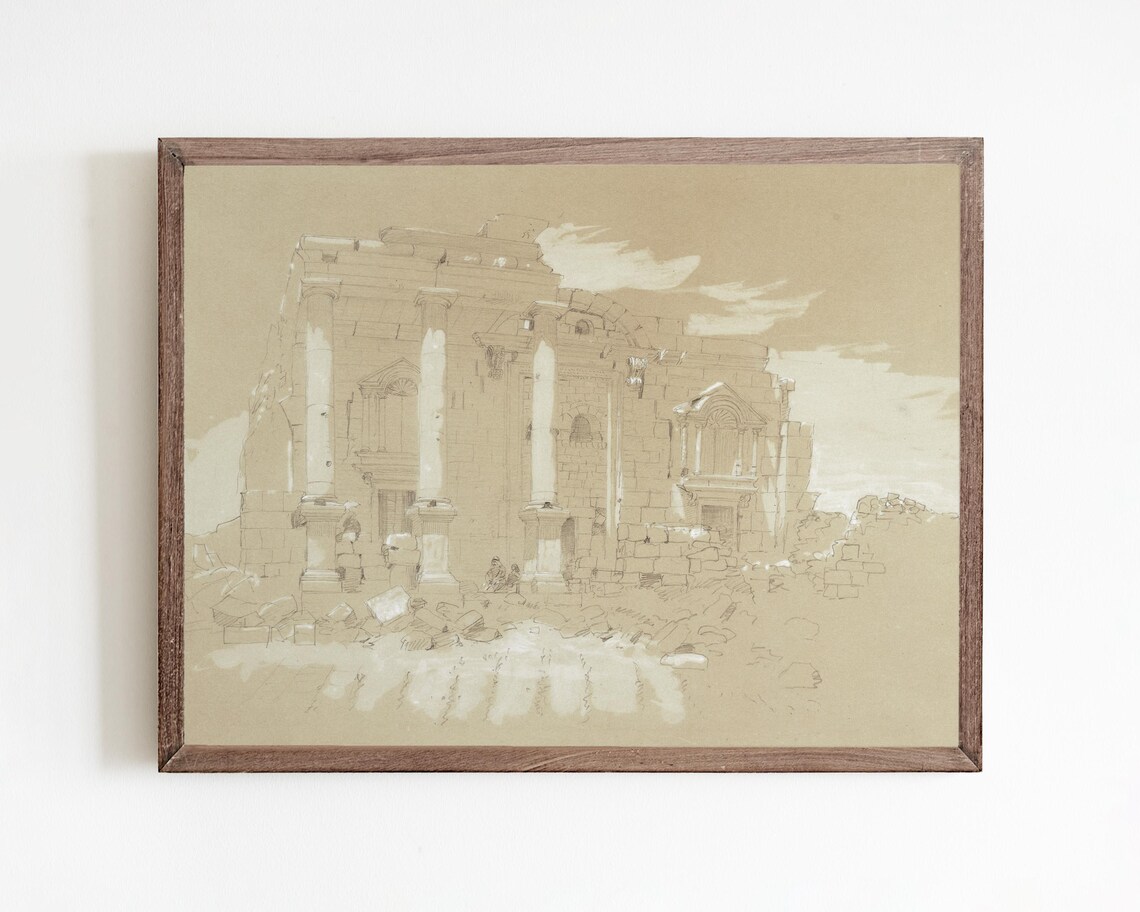 Ancient Temple Illustration, Minimalist Decor Sketch