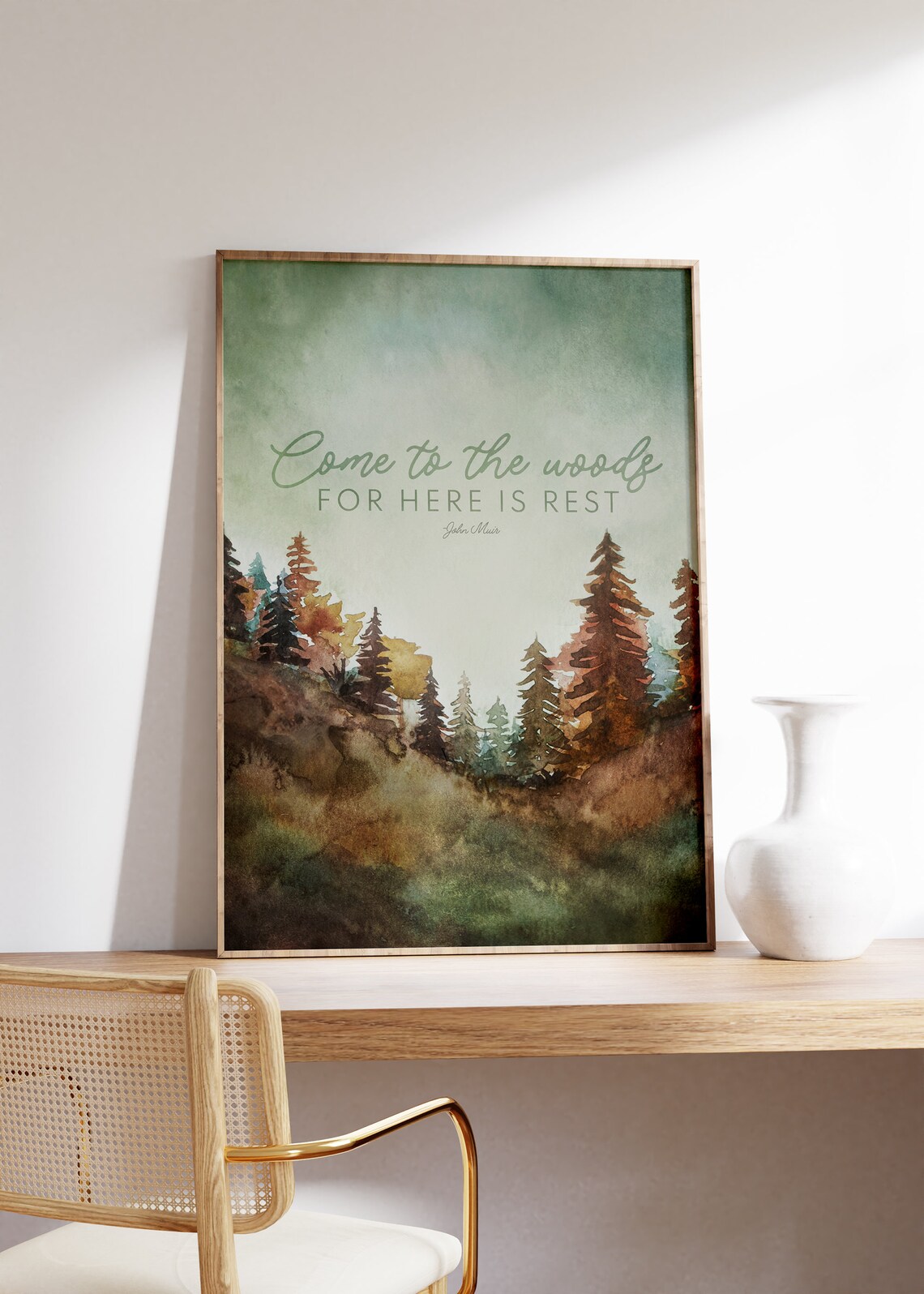 Pine Forest Mountains Watercolor, John Muir Quote Art Print - Image 2