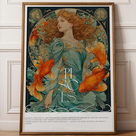 Dreamy Pisces Zodiac Art Nouveau Ocean Woman Goldfish Poster