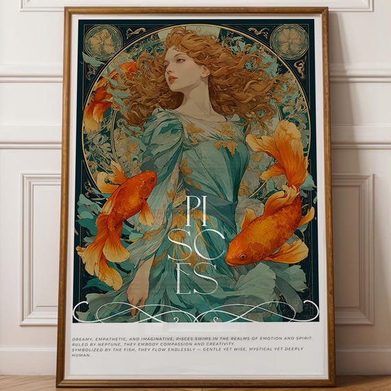 Pisces Wall Art Zodiac Astrology Print Alphonse Mucha Style Illustration