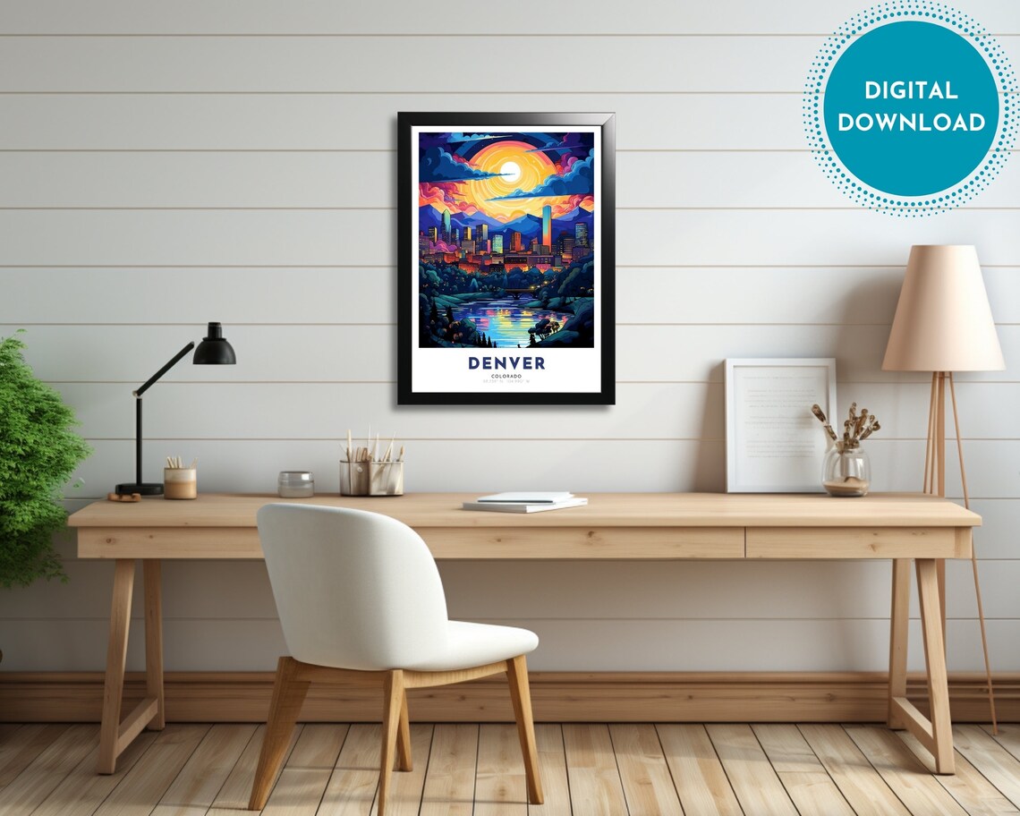Denver Colorado Sunset Skyline Rocky Mountains Moon Travel Poster - Image 2