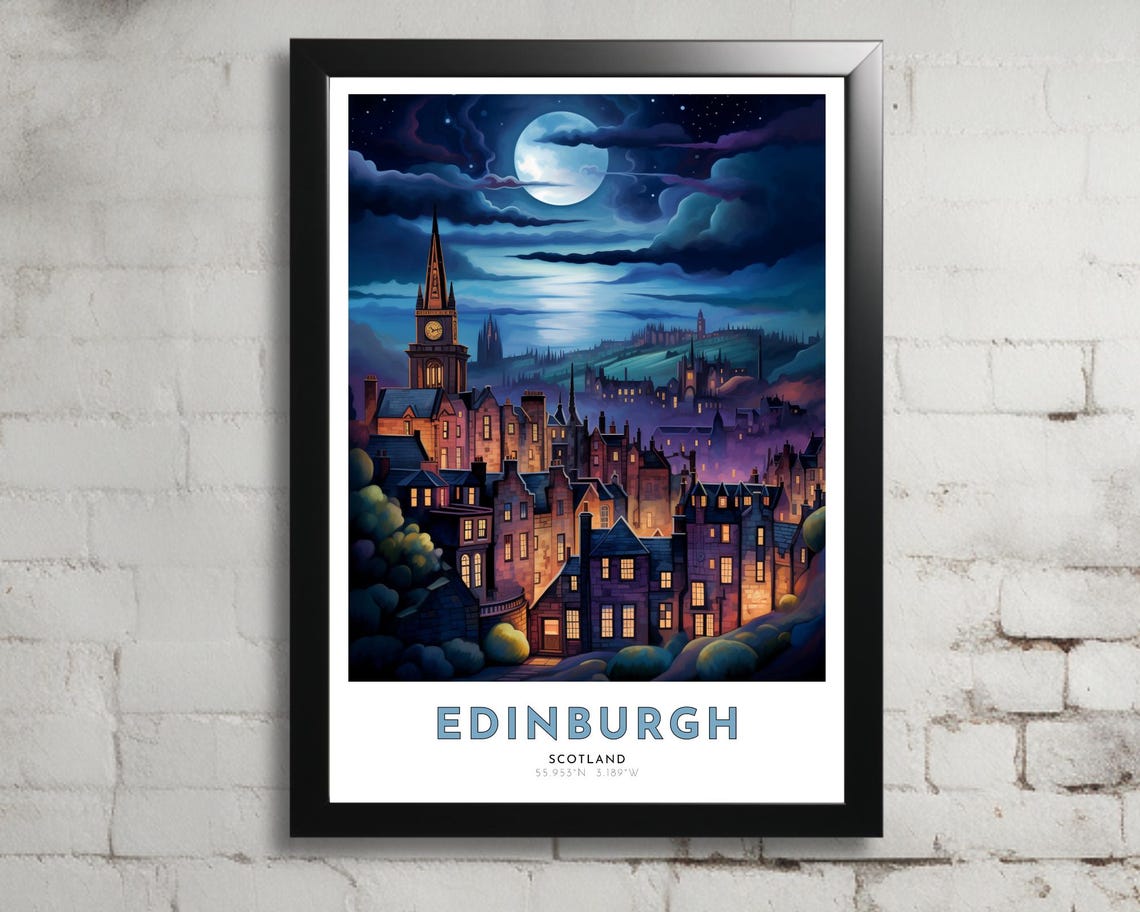 Edinburgh Scotland Moonlight Old Town Night City Rooftops Poster