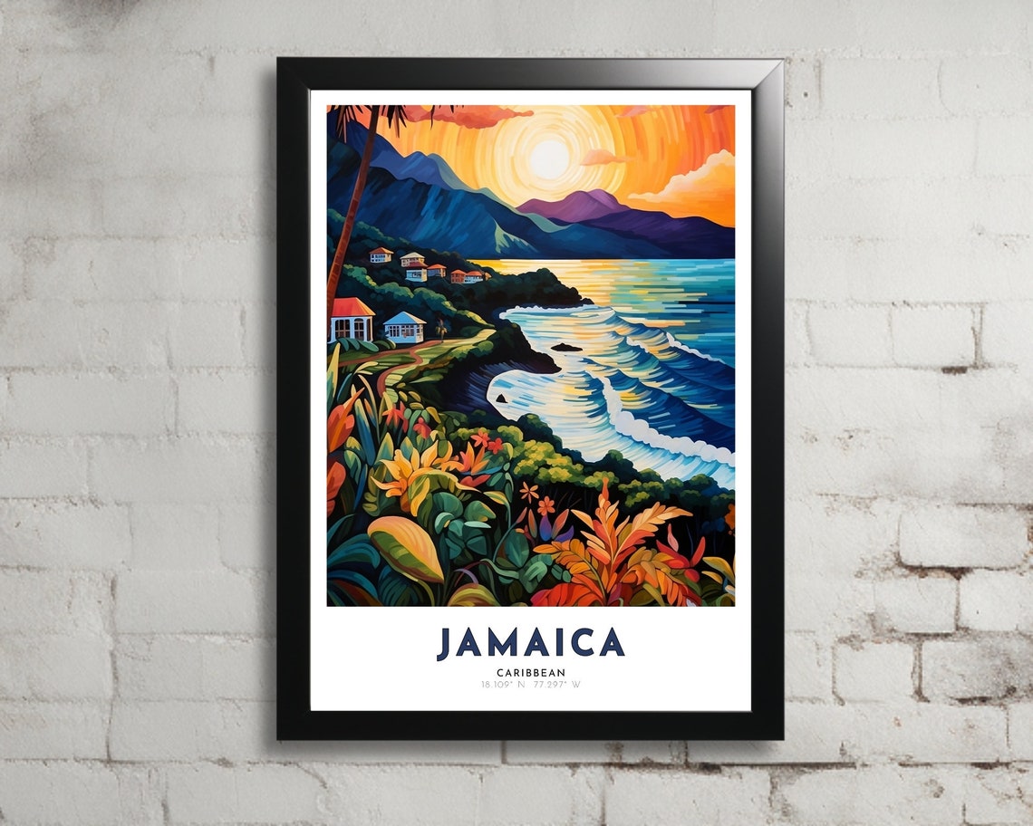 Jamaica Caribbean Sunset Beach Palm Trees Coastal Travel Art Poster