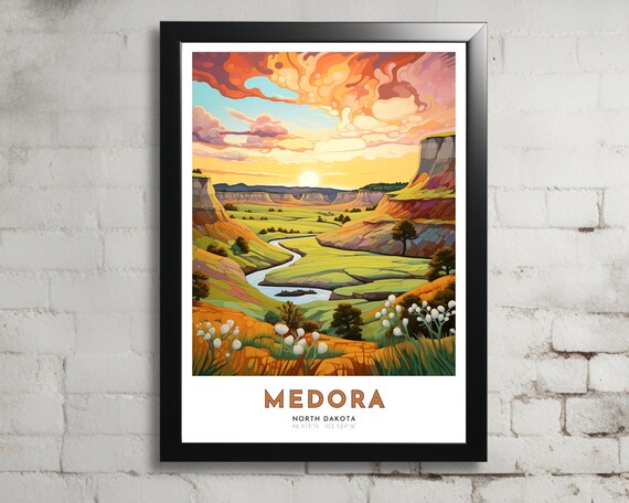 Medora North Dakota Badlands River Canyon Sunset Travel Poster