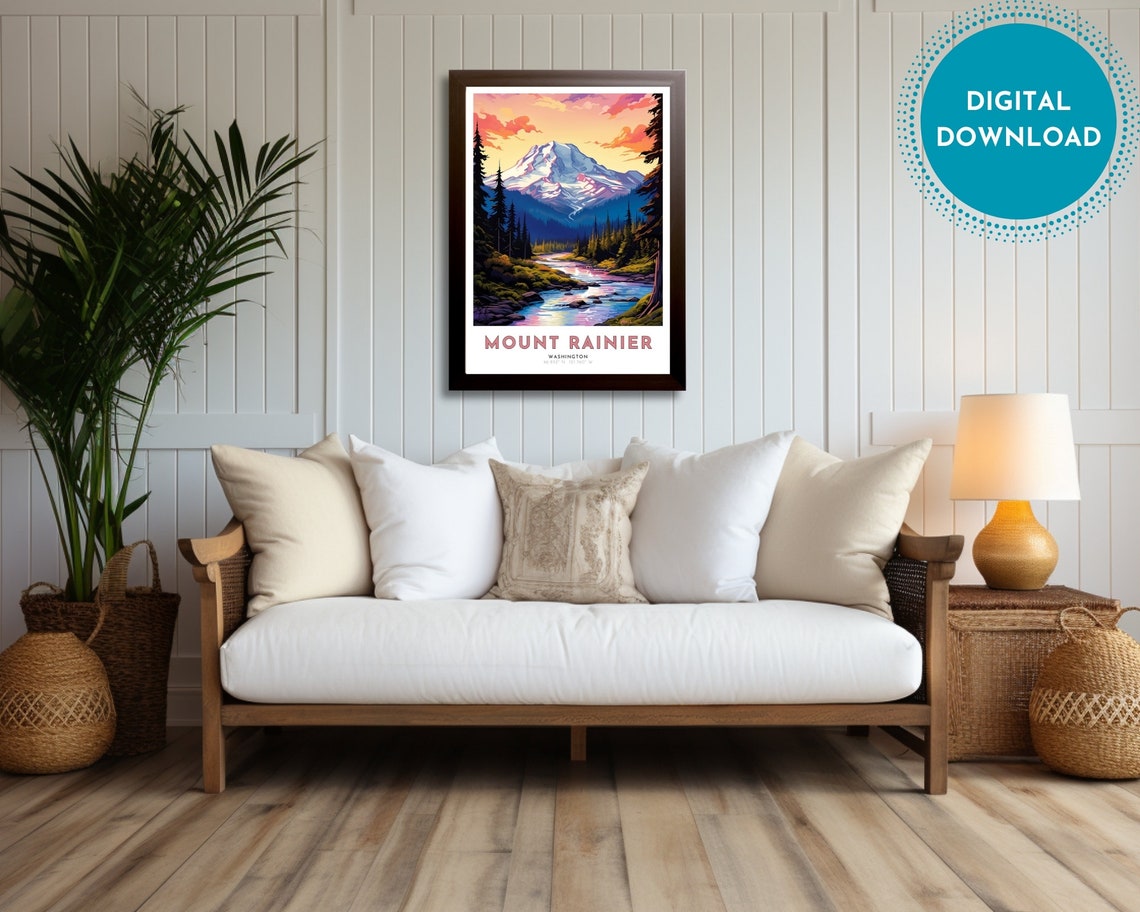 Mount Rainier Travel Poster Of Washington Art Nouveau Gift For Lovers Of Mount Rainier Wall Art Decor Of Rainier Painting - Image 3