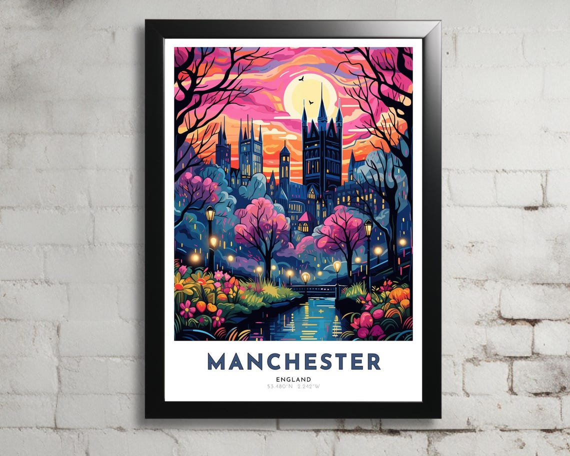 Manchester Travel Poster Of England Art Nouveau Gift For Lovers Of Manchester England Wall Art Decor Print Of Pennines Painting