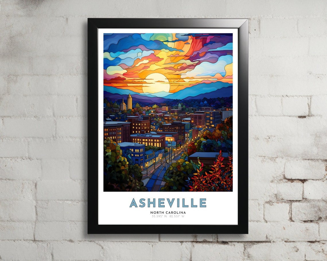 Asheville North Carolina City Sunset Blue Ridge Travel Poster