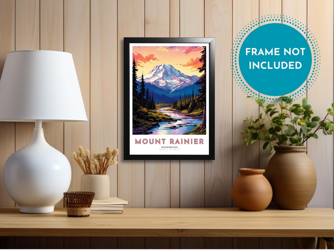 Mount Rainier Washington Snowy Peak River Pine Forest Poster - Image 3