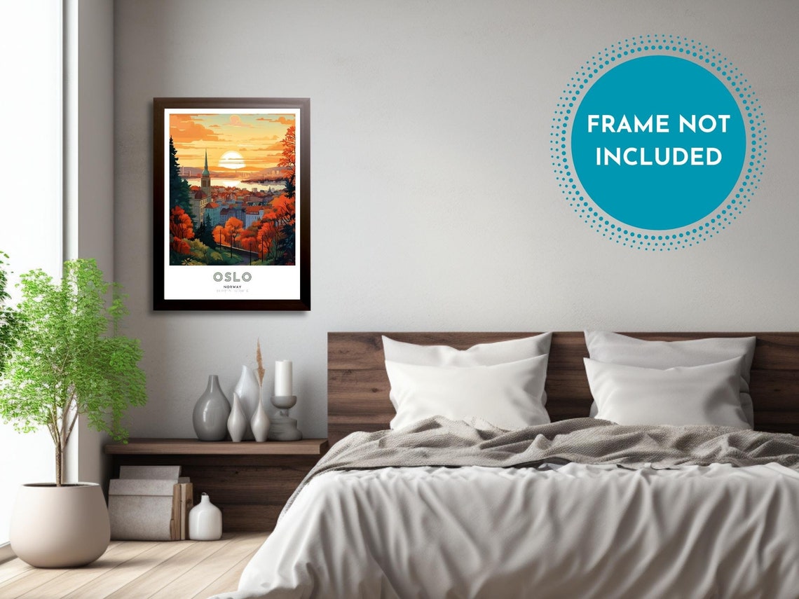 Oslo Norway Autumn Foliage Sunset Waterfront City Art Poster - Image 4