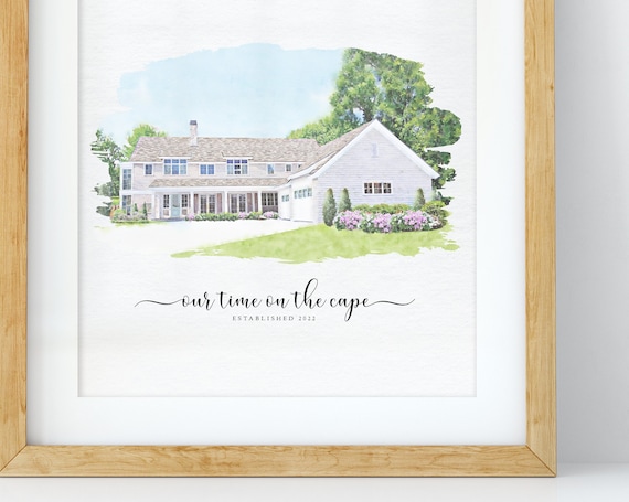 Custom House Portrait Watercolor Art Print, Housewarming
