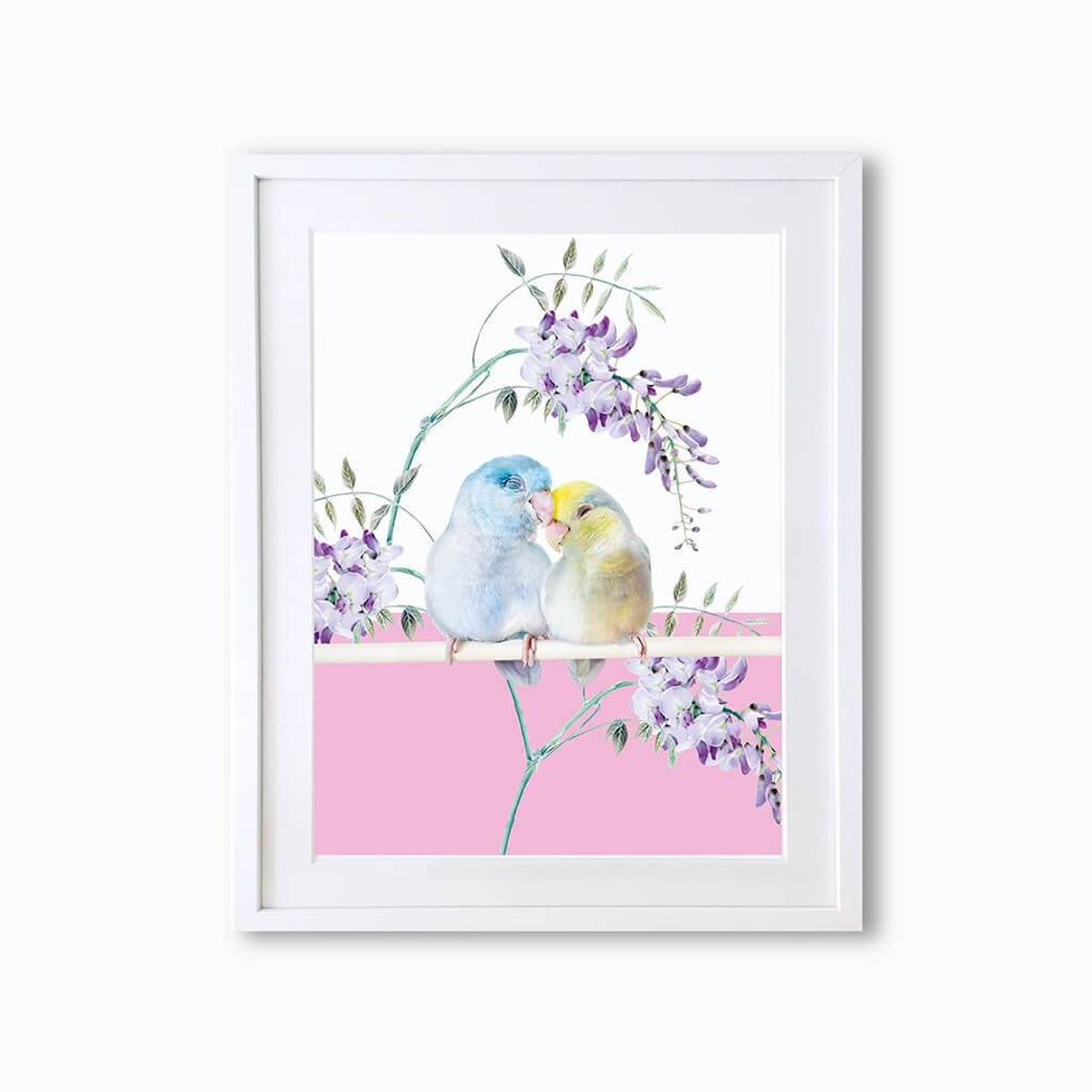 Budgies Lovebirds Wisteria Pink Blossom Watercolour Art Print