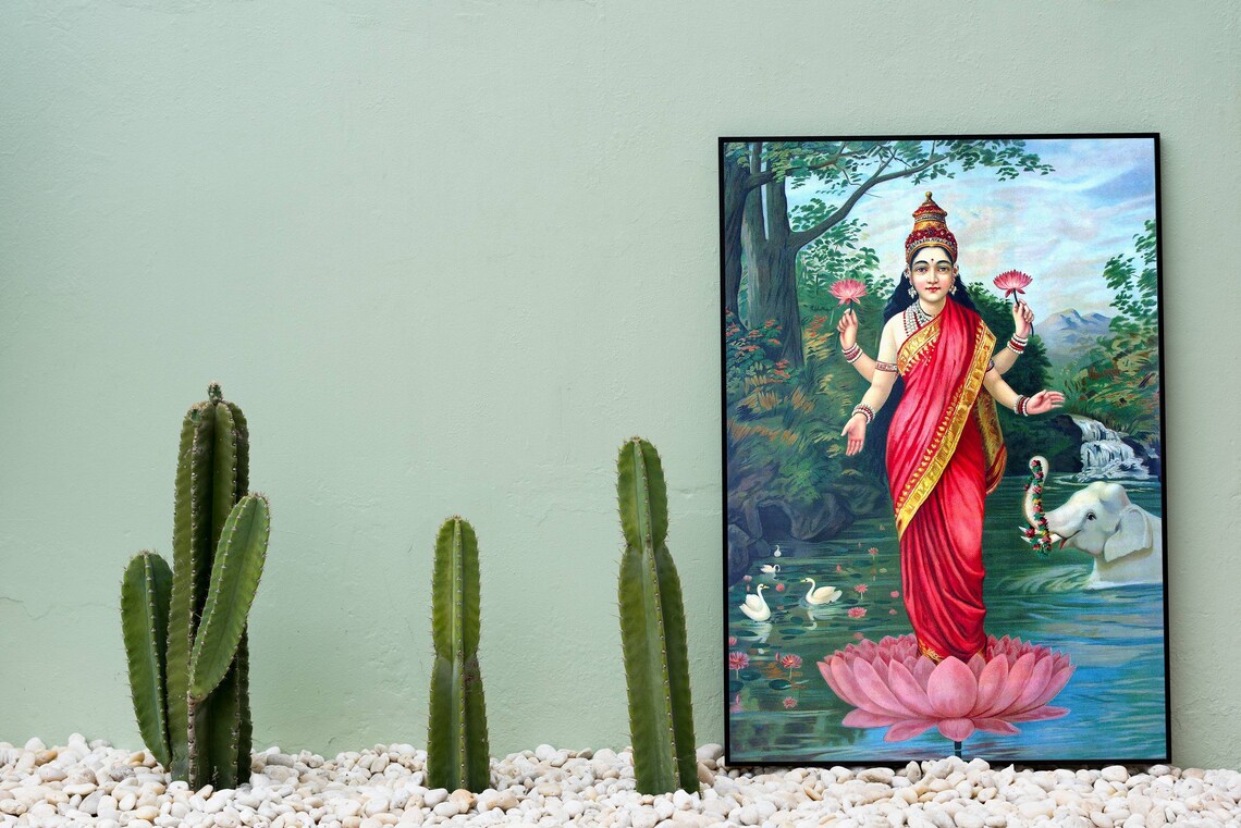 Goddess Lakshmi on Lotus Vintage Indian Gaja Lakshmi Art Print - Image 2