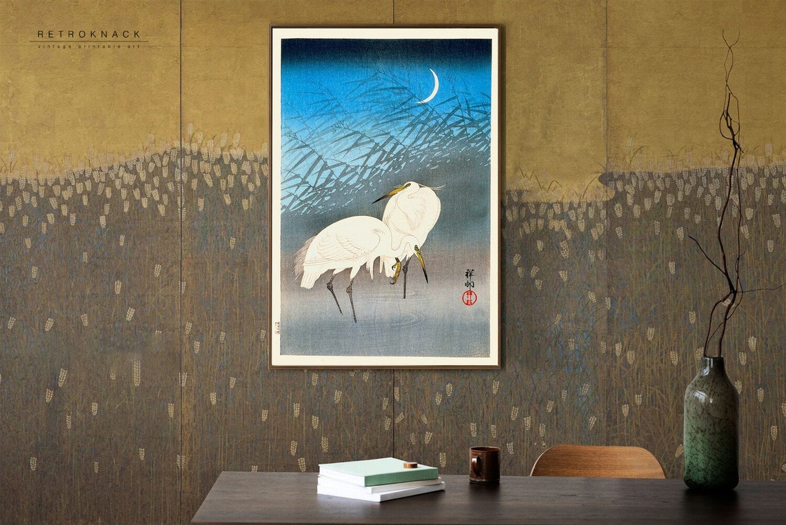 Ohara Koson Two Egrets Under Crescent Moon Japanese Woodblock Poster - Image 2