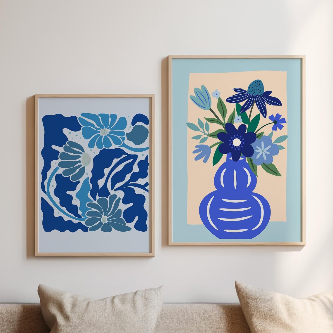 Blue Floral Abstract Botanical Two Piece Modern Wall Poster Set