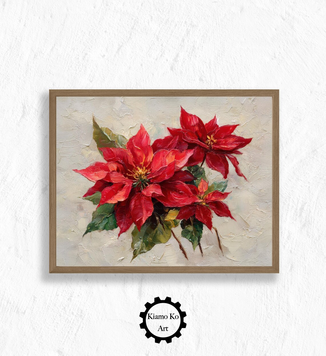 Red Poinsettia Blooms Vintage Christmas Floral Oil Painting Poster