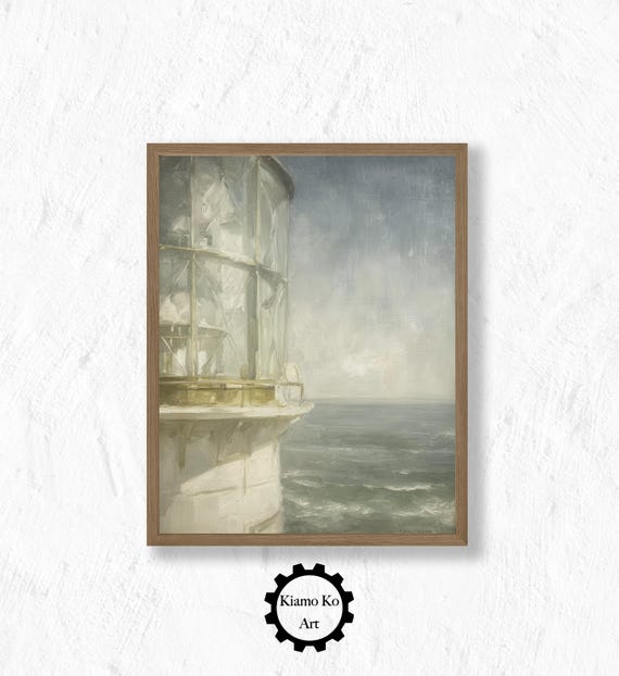 Moody Lighthouse Ocean Scene With Cloudy Sky Nautical Wall Decor Home Or Cottage Coastal Vintage Ship Print