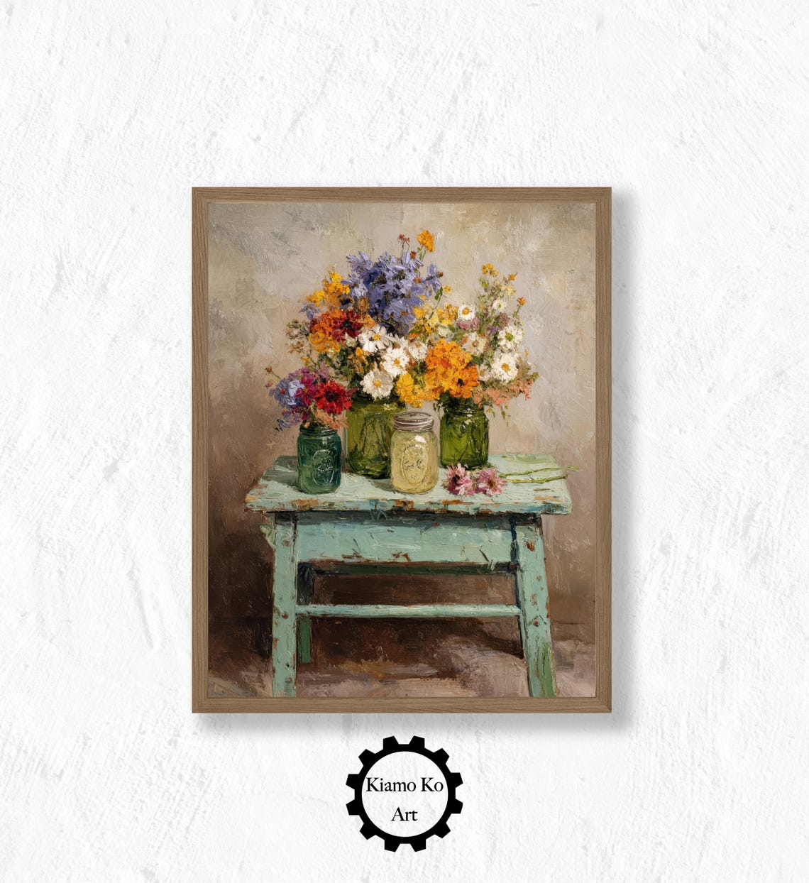 Colorful Wildflowers In Mason Jars On Turquoise Bench Art Poster