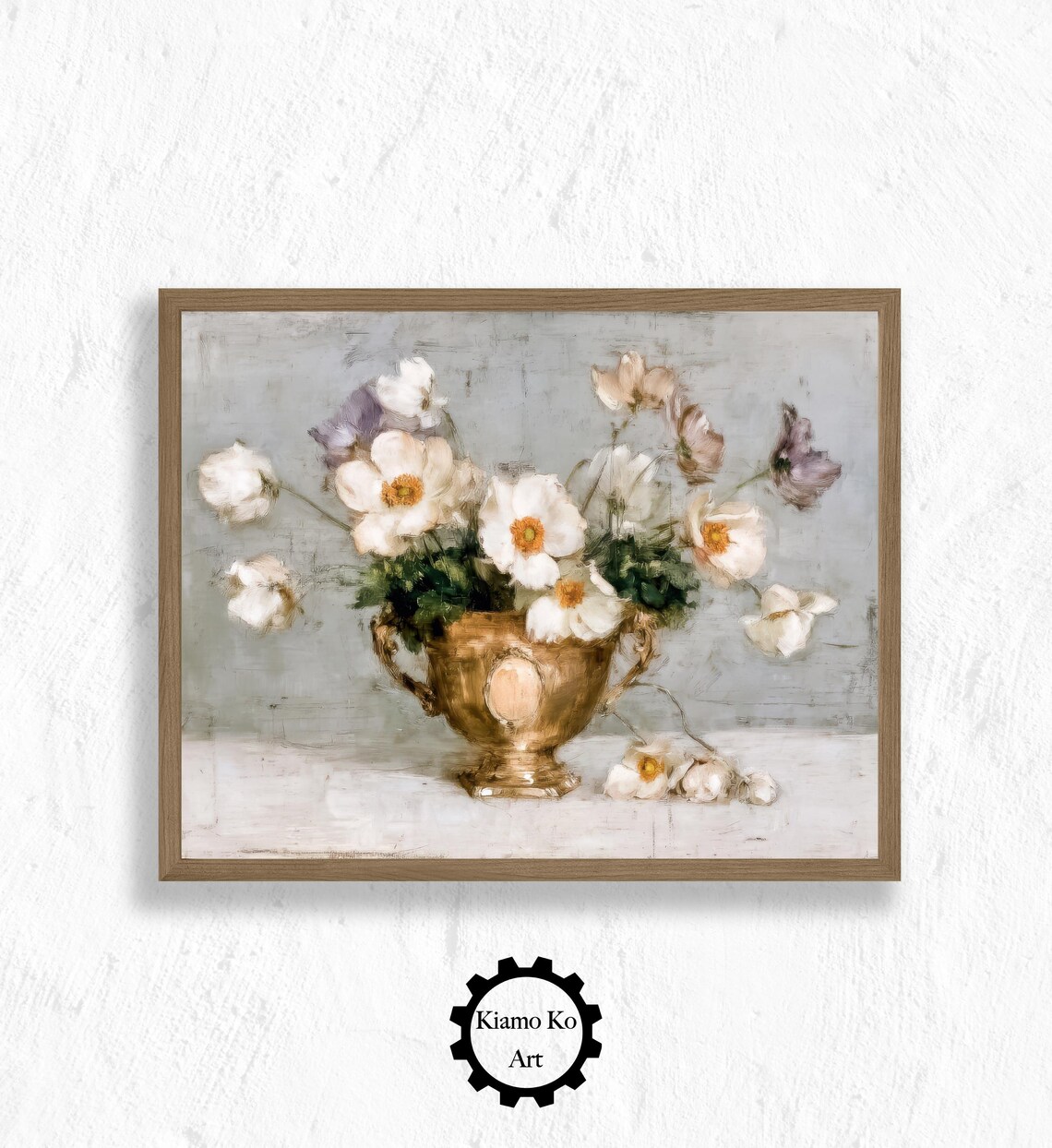 White Cosmos in a Golden Urn Trophy Vintage Floral Still Life Poster