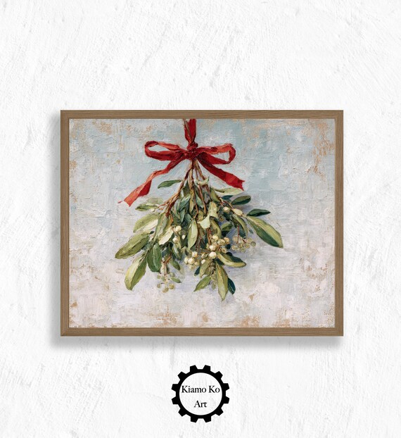 Hanging Mistletoe With Red Ribbon and White Berries Christmas Holiday Poster