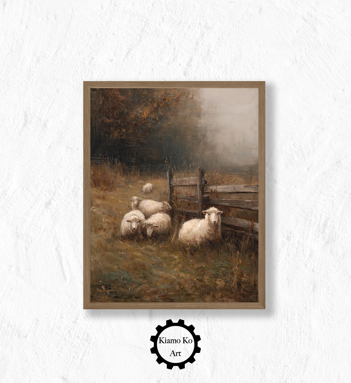 Flock of Sheep Resting by a Fence in a Misty Pasture Farm Art Poster