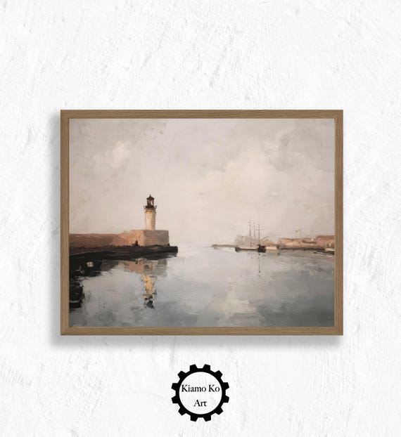 Serene Harbor Scene With Boat Nautical Wall Decor Home Or Beach Cottage Coastal Vintage Lighthouse Art