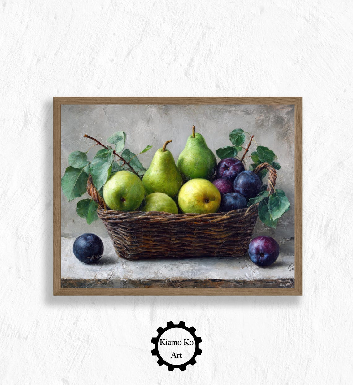 Woven Basket Of Ripe Pears Plums And Apples Harvest Still Life Print