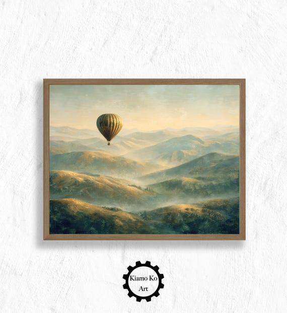 Rustic Hot Air Balloon Adventure Mountain Landscape Art Print Cozy Home Decor Nature Wall