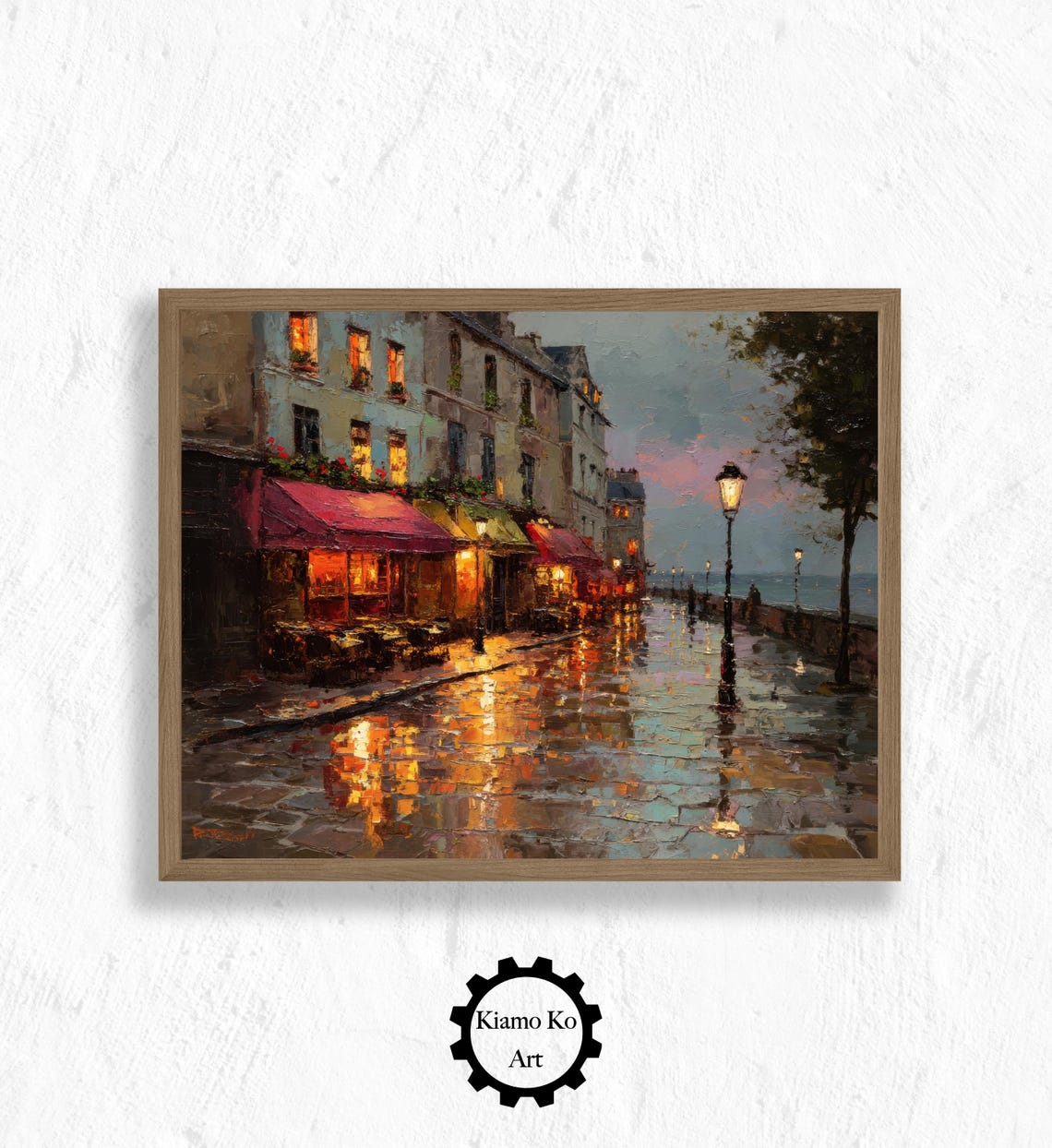 Rainy European Street At Dusk Glowing Cafe Windows City Poster