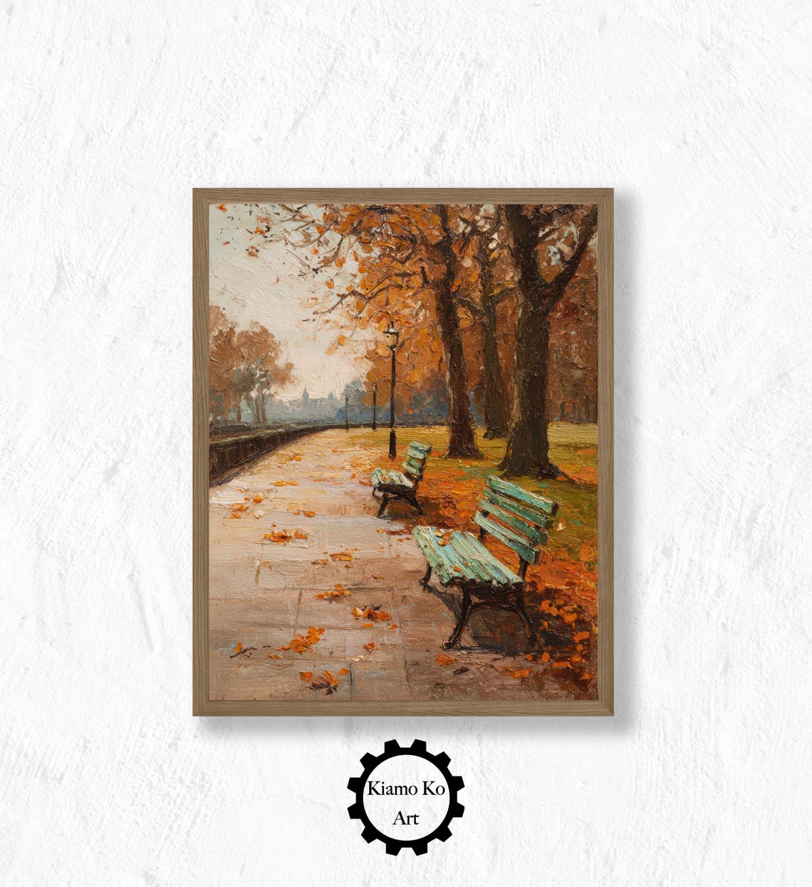 Autumn Park Path With Benches And Fallen Orange Leaves Poster