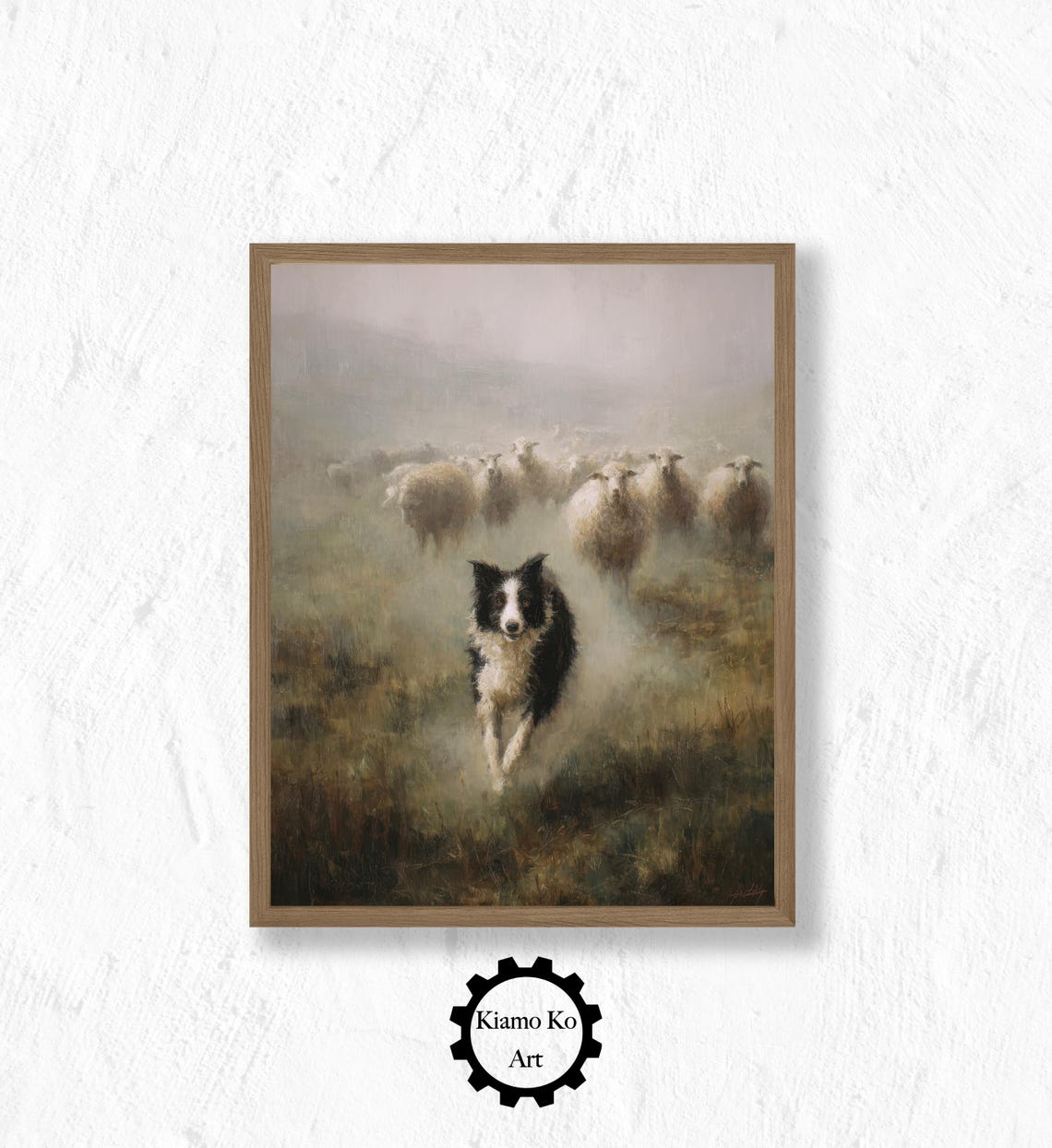 Border Collie Herding Sheep In A Misty Green Field Country Poster