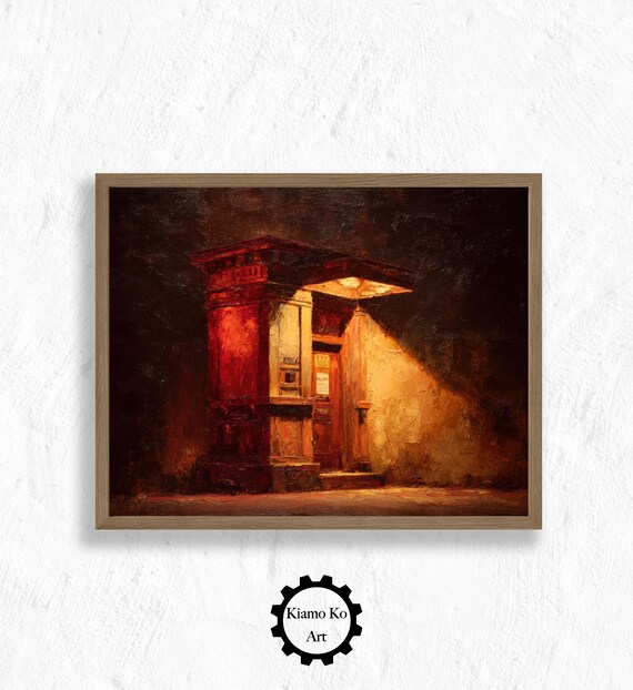 Red Doorway City Night Urban Vintage Architectural Oil Painting Poster