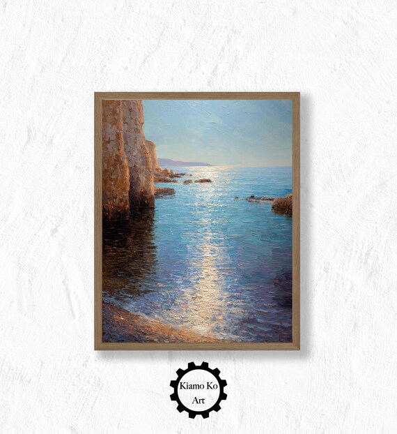 Sunlit Coastal Cliffs Glowing Over a Golden Seascape Impressionist Poster