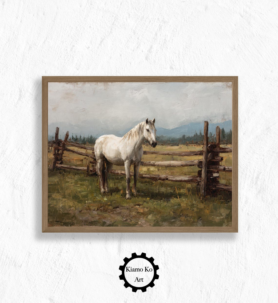 Graceful White Horse Standing By A Rustic Wooden Fence Meadow Poster