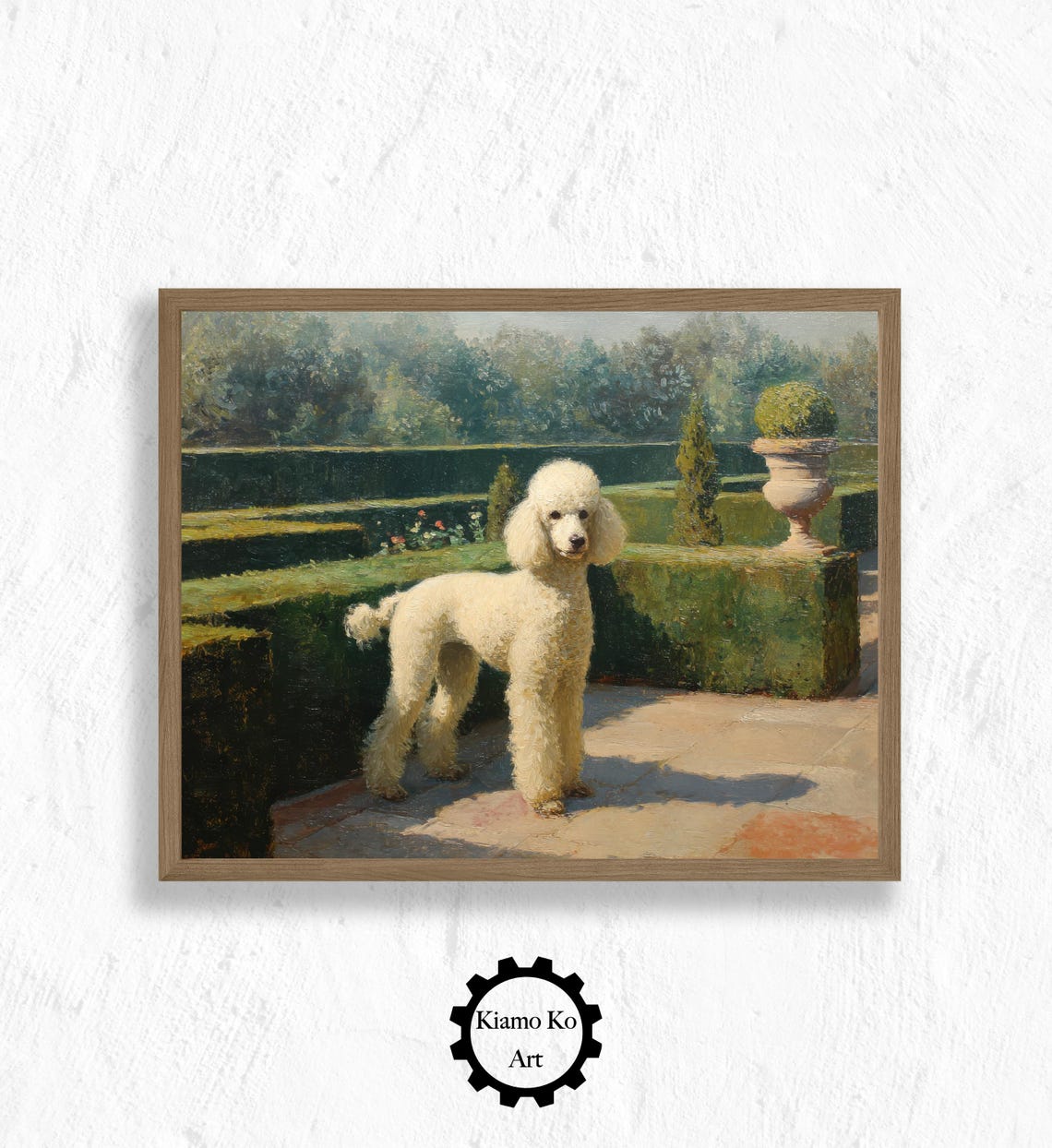 White Poodle Posing in a Formal Garden With Sculpted Hedges Poster