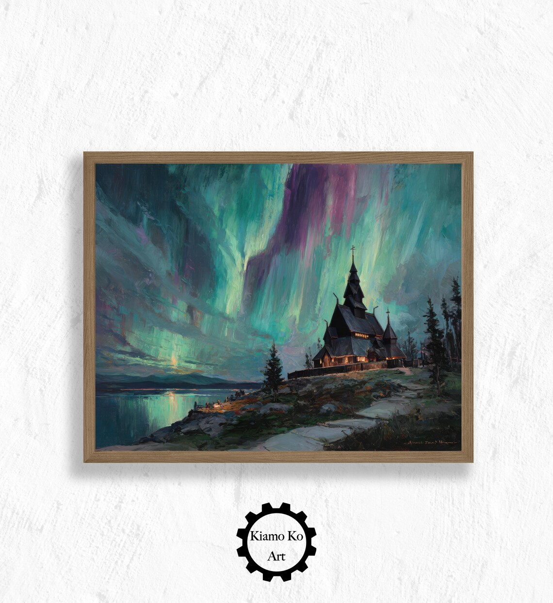 Northern Lights over a Wooden Stave Church on a Fjord Night Poster