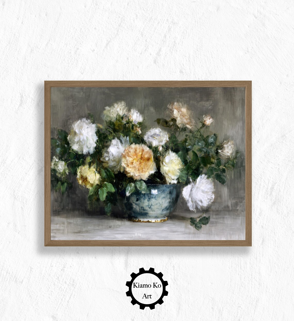 White and Yellow Roses in a Blue Gray Bowl Vintage Floral Poster