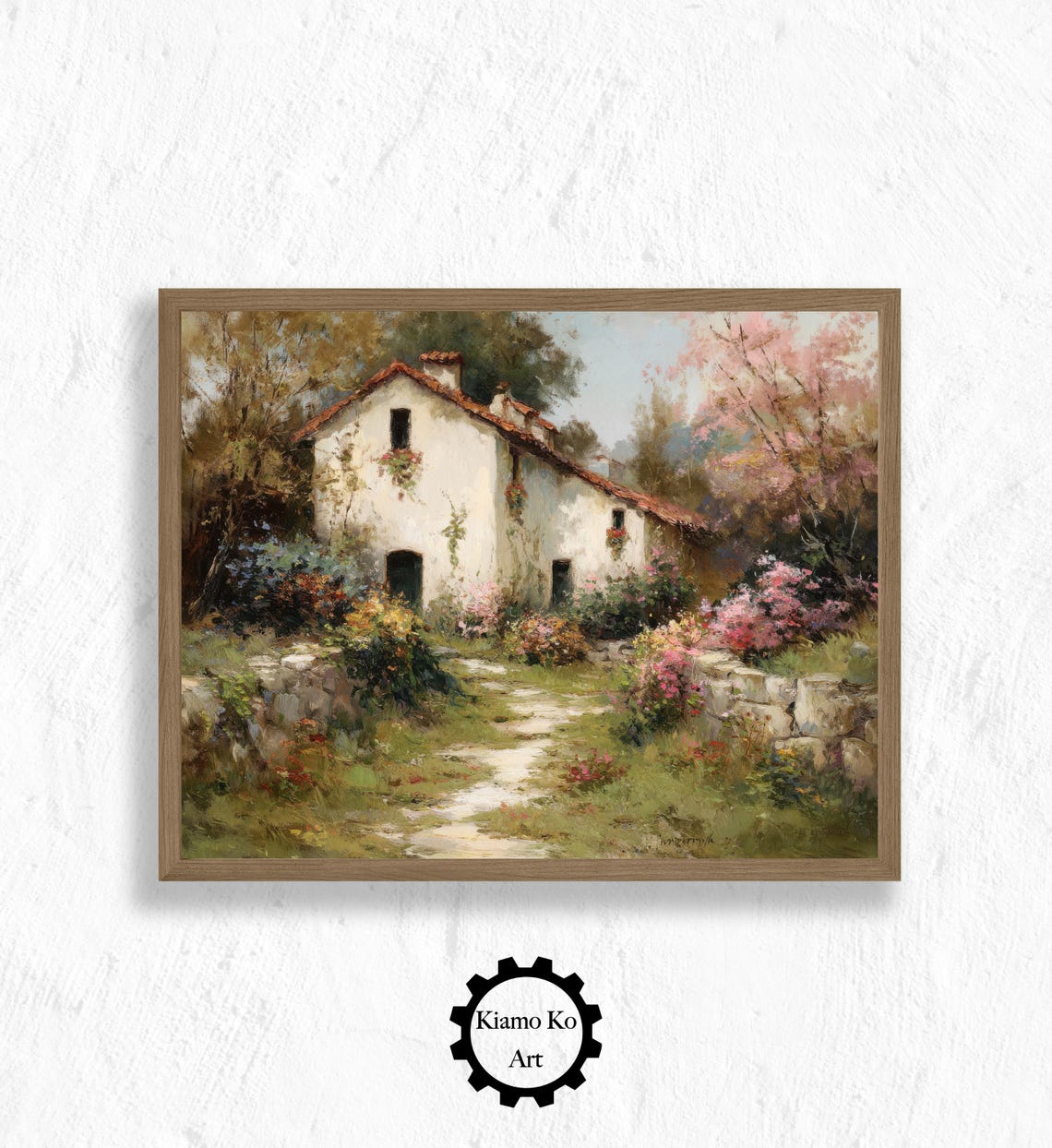 Whitewashed Cottage Red Tile Roof Flowering Garden Path Poster