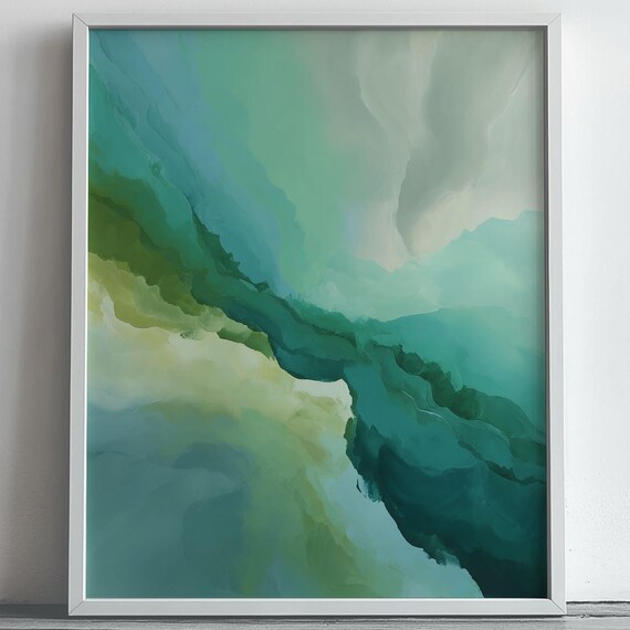 Abstract Oceanic Landscape Color Field Painting Serene Modern Wall Art Earthy Blue Green