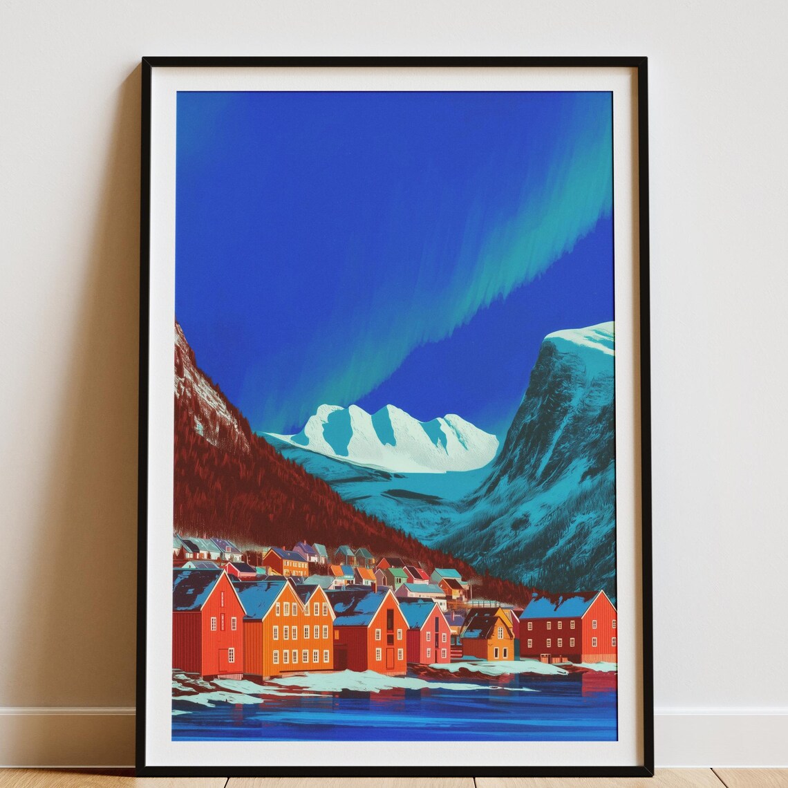 Northern Lights Over a Snowy Nordic Fishing Village Aurora Poster