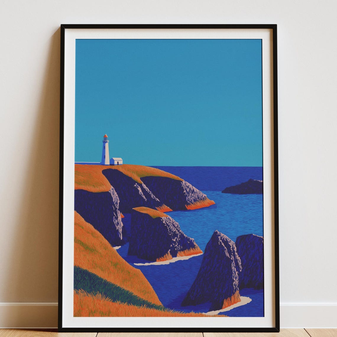 Wales Lighthouse on Golden Cliffs Above Blue Sea Coast Art Poster