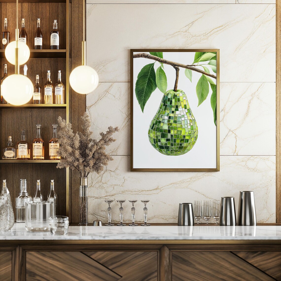 Retro Pear Disco Ball Art Print, Kitchen Bar Cart Decor - Image 3