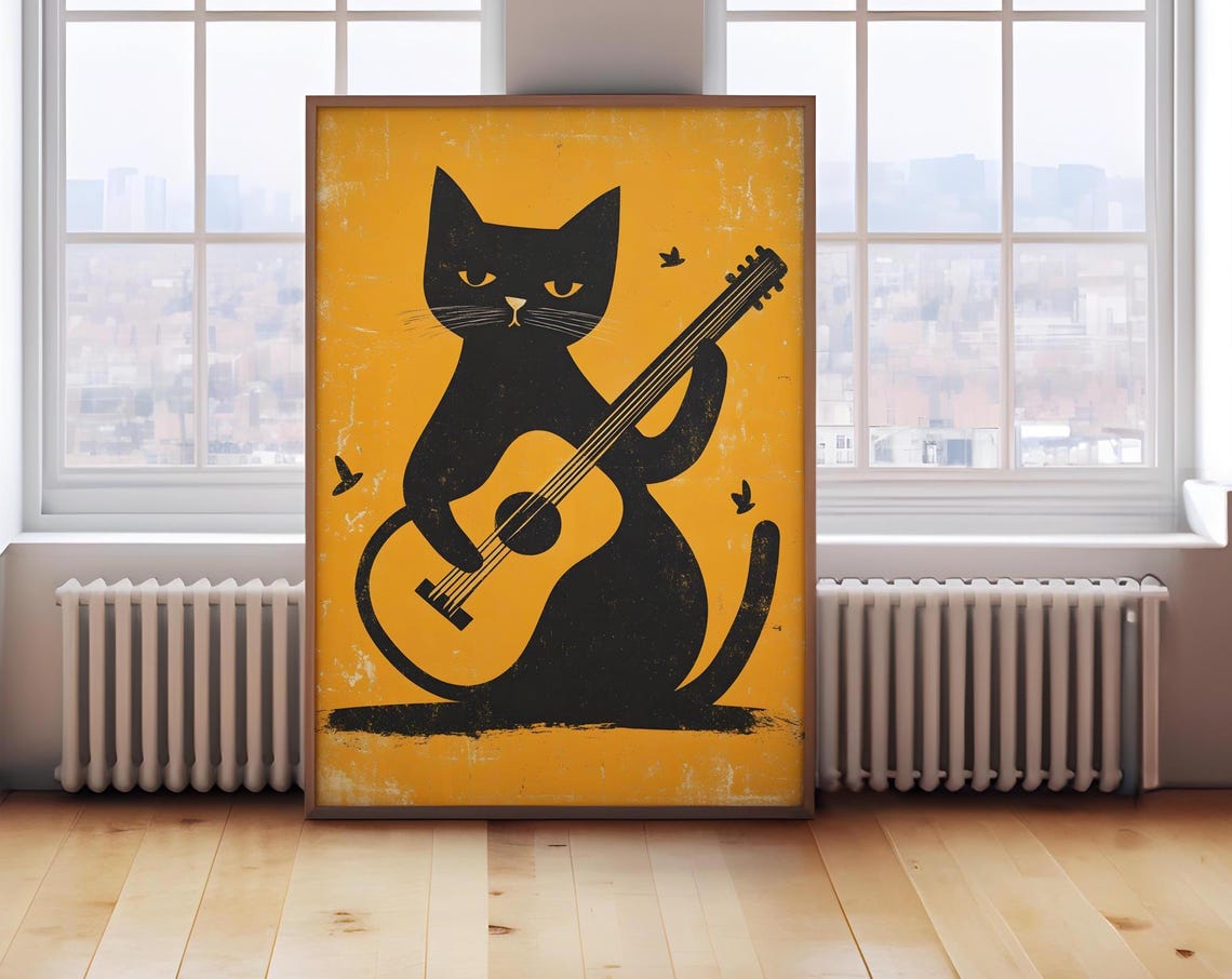 A Black Cat Playing Guitar On A Mustard Yellow Retro Wall Art