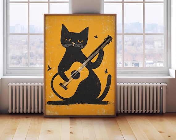 A Black Cat Playing Guitar On A Mustard Yellow Retro Wall Art