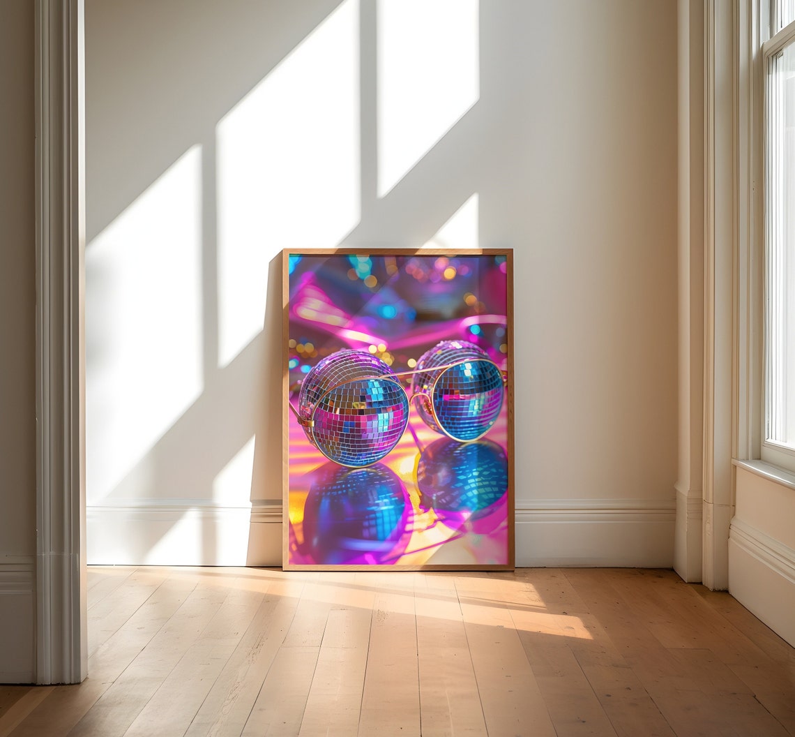 Sunglasses With Disco Ball Lenses In Neon Party Light Poster - Image 3