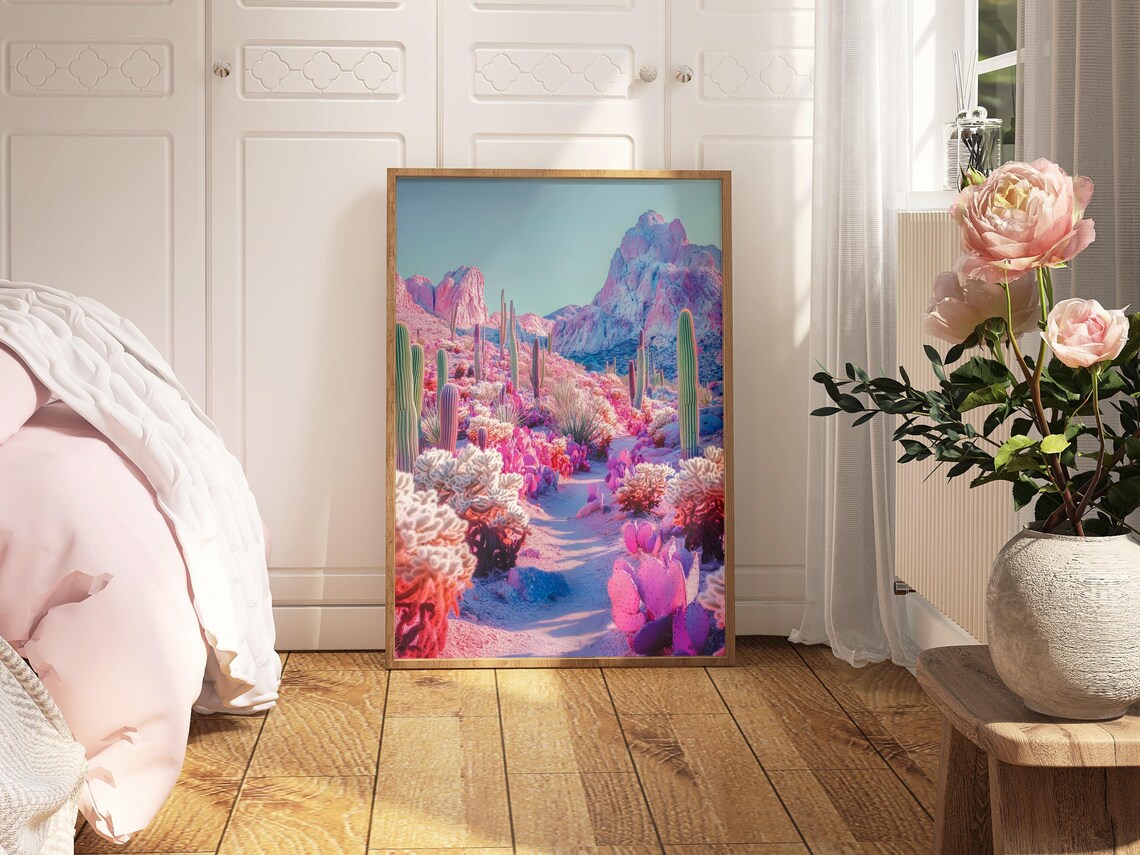 Retro Pink Desert Landscape Vintage Cactus Poster - Image 4